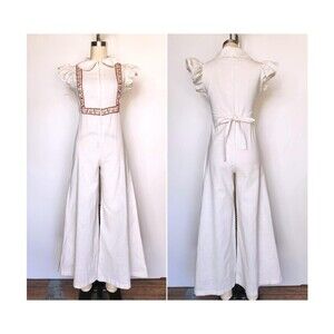 70s JUMPSUIT Wide Legs - Front Zip Playsuit Pantsuit - Birds Embroidery XS